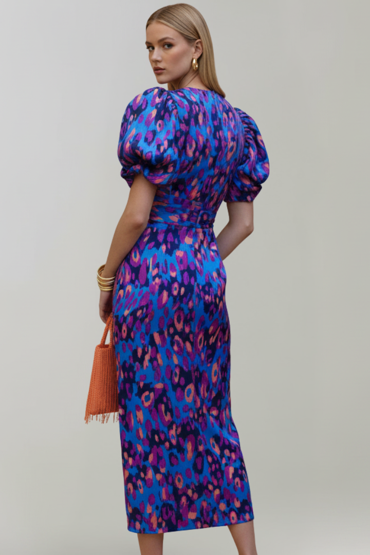 Mirabelle | Women's Printed Midi Dress with V-Neck, Puff Sleeves and Ruched Waist - image 4