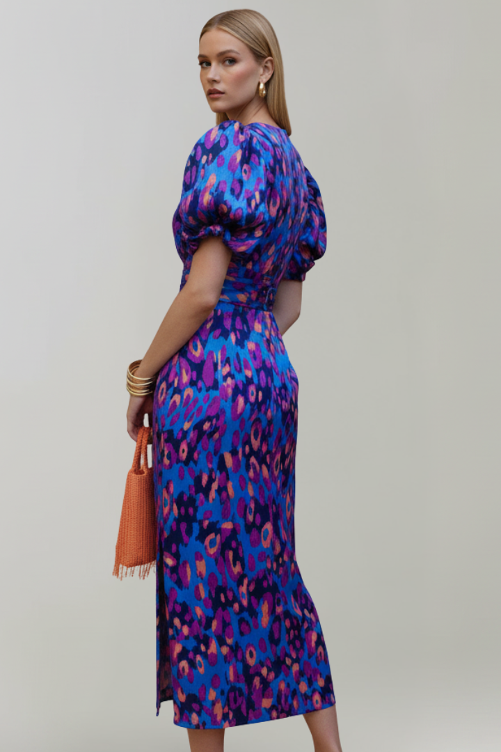 Mirabelle | Women's Printed Midi Dress with V-Neck, Puff Sleeves and Ruched Waist - image 3