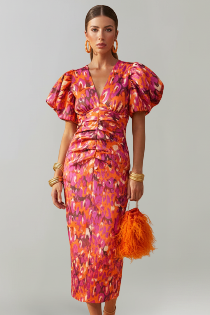 Mirabelle | Women's Printed Midi Dress with V-Neck, Puff Sleeves and Ruched Waist - image 6