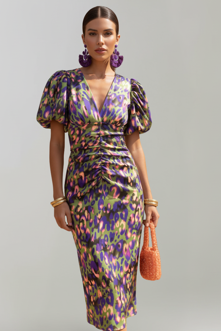 Mirabelle | Women's Printed Midi Dress with V-Neck, Puff Sleeves and Ruched Waist - image 7