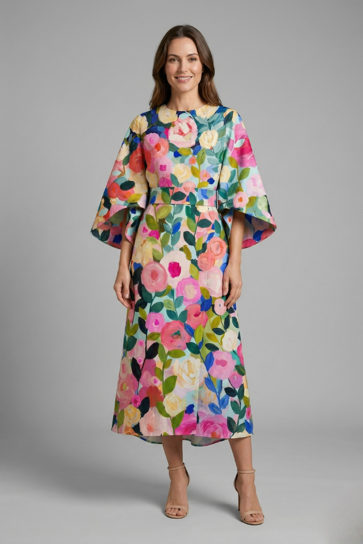 Rudith | Women's Midi Dress with Round Neck and Wide Sleeves
