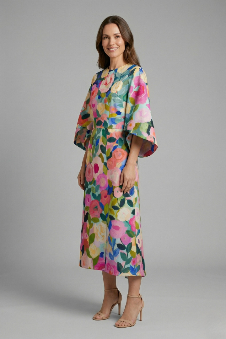 Rudith | Women's Midi Dress with Round Neck and Wide Sleeves