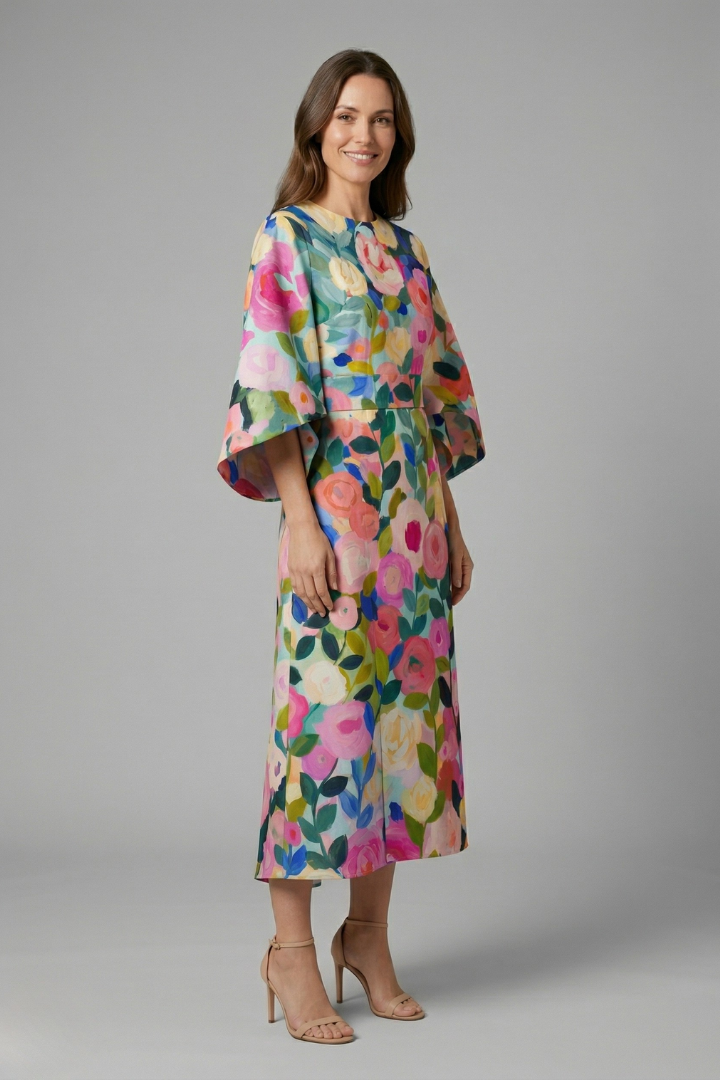 Rudith | Women's Midi Dress with Round Neck and Wide Sleeves