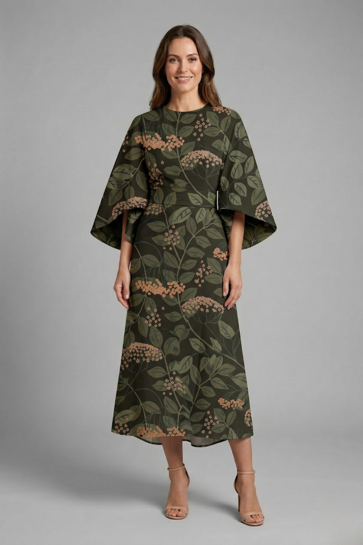 Rudith | Women's Midi Dress with Round Neck and Wide Sleeves
