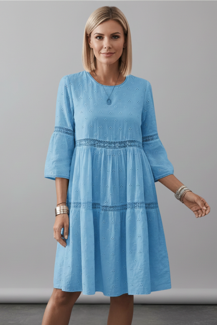 Quinta | Women's Midi Dress with Round Neckline and Long Sleeves