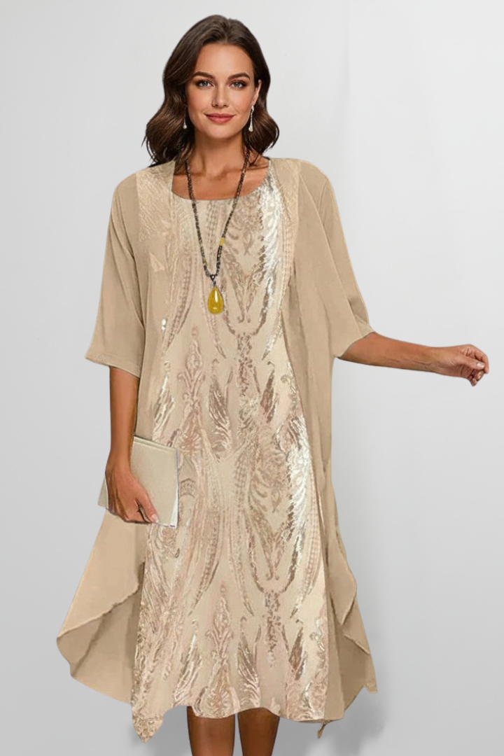 Almeria | Women's Embellished Midi Dress with Round Neck and Short Sleeves - image 2