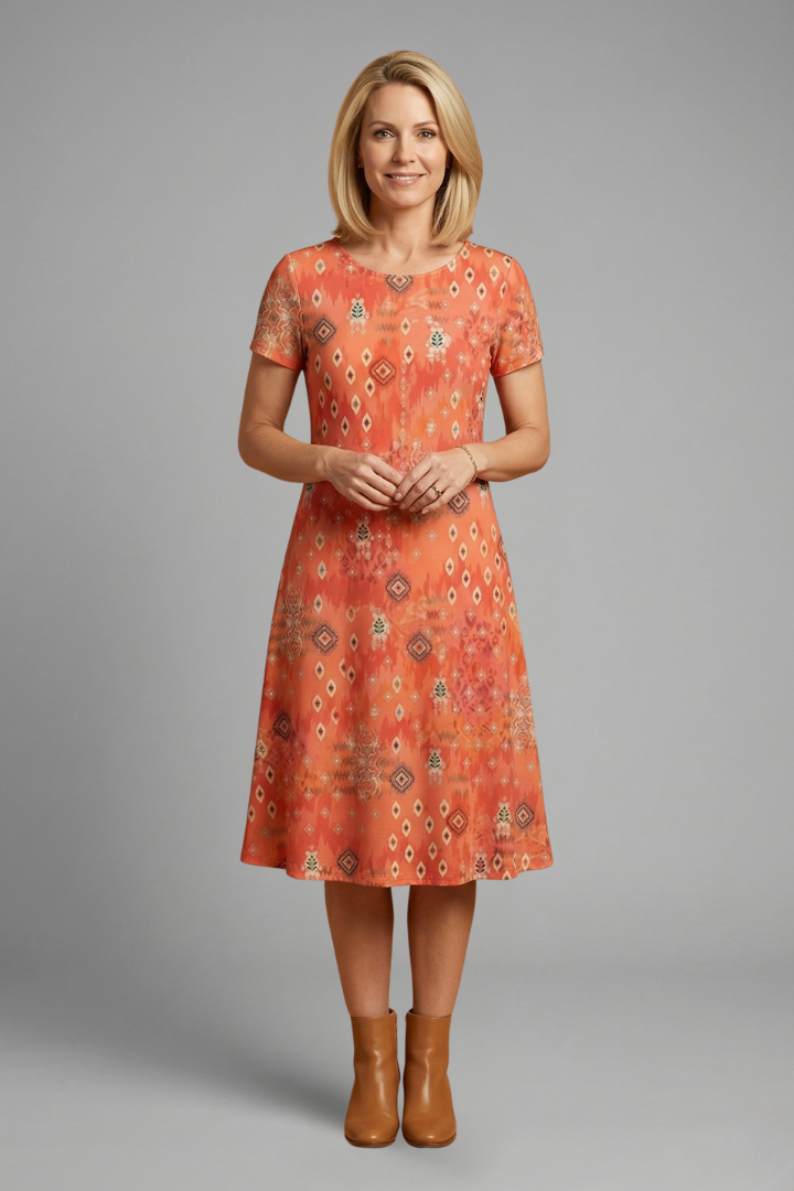 Perdita | Women's Midi Dress with Short Sleeves and Printed Surface