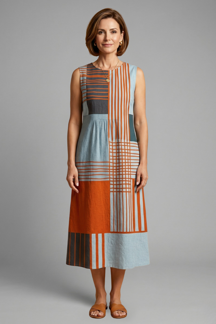 Prunella | Women's Midi Dress with Sleeveless Design and Geometric Print