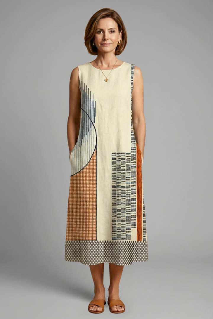 Prunella | Women's Midi Dress with Sleeveless Design and Geometric Print