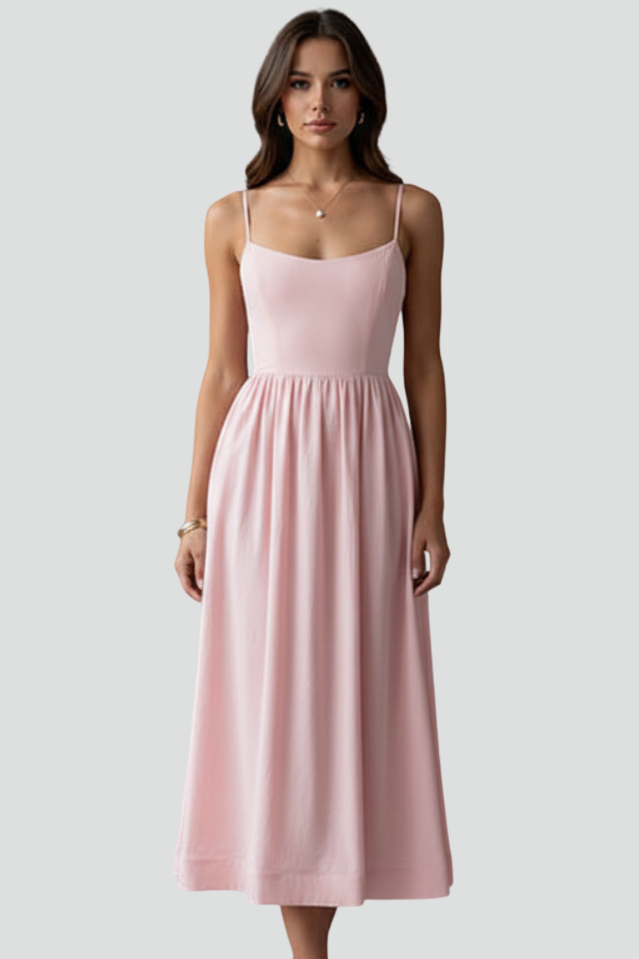 Raphaela | Women's Midi Dress with Spaghetti Straps and Gathered Waist