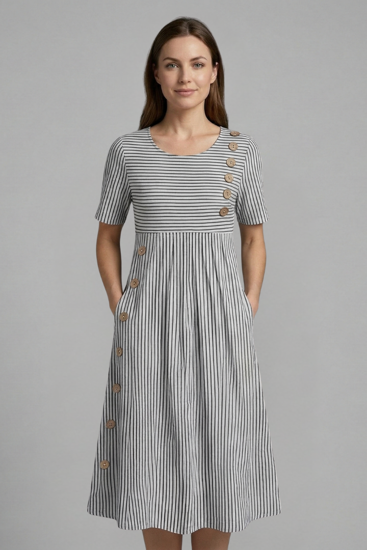 Rhea | Women's Midi Dress with V-Neck and Button Detail