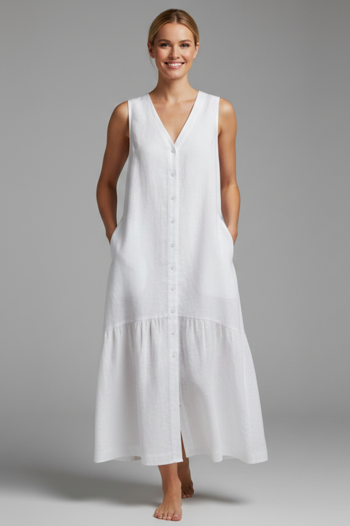 Orinthia | Women's Midi Dress with V-Neck and Button Front