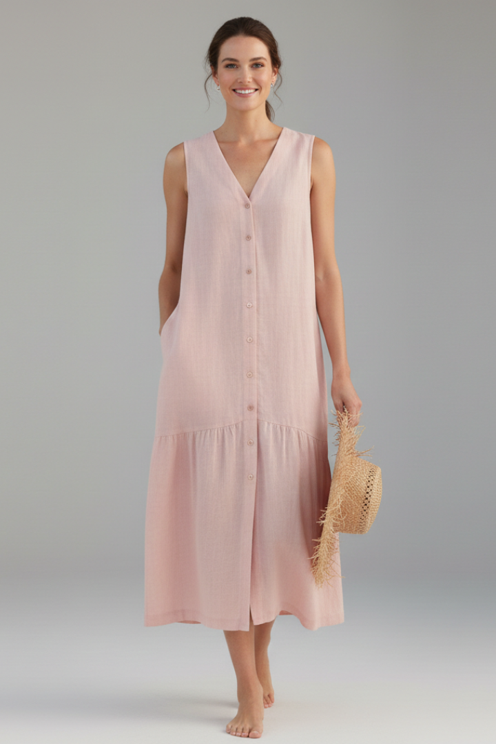Orinthia | Women's Midi Dress with V-Neck and Button Front