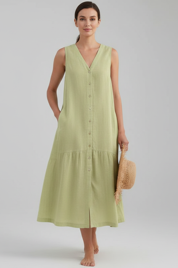 Orinthia | Women's Midi Dress with V-Neck and Button Front