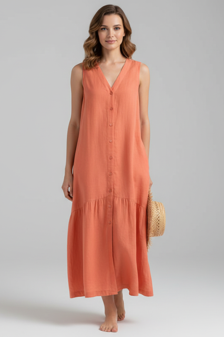 Orinthia | Women's Midi Dress with V-Neck and Button Front