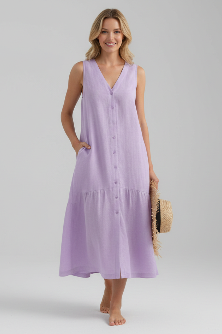 Orinthia | Women's Midi Dress with V-Neck and Button Front