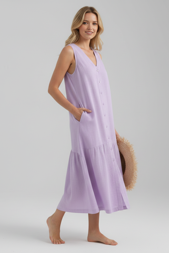 Orinthia | Women's Midi Dress with V-Neck and Button Front