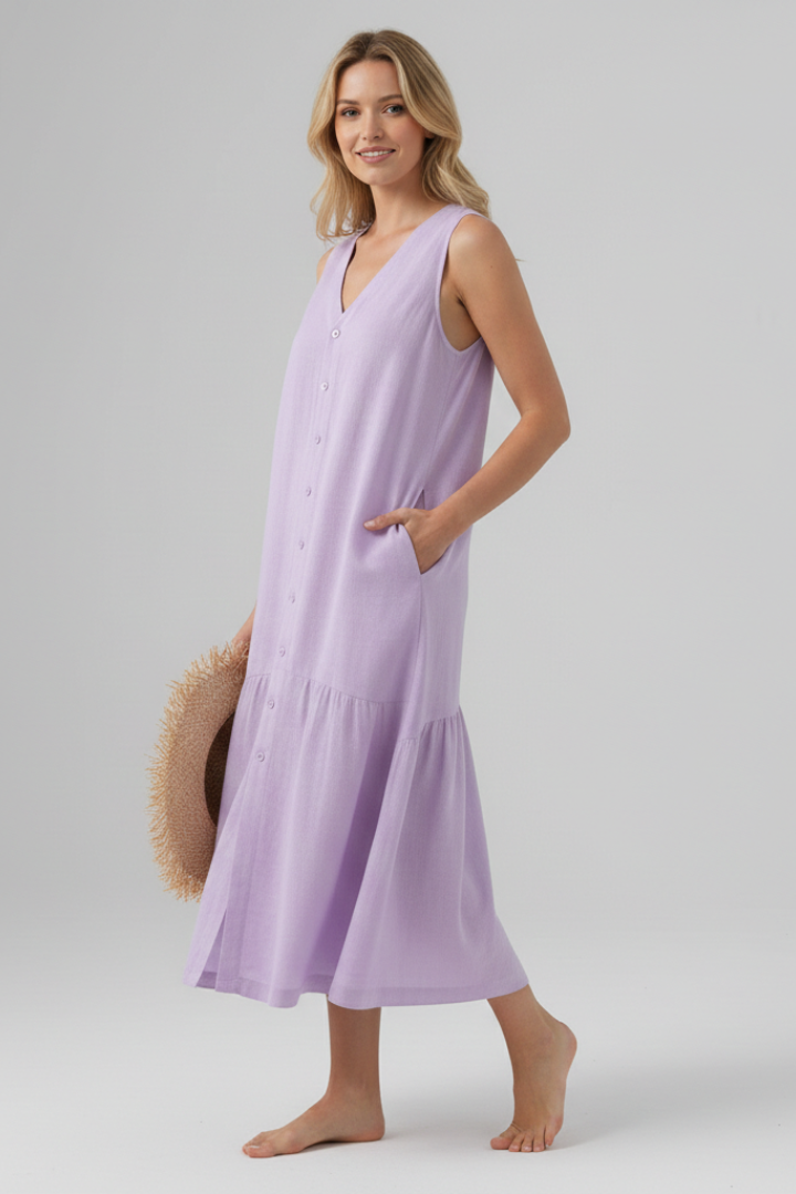 Orinthia | Women's Midi Dress with V-Neck and Button Front
