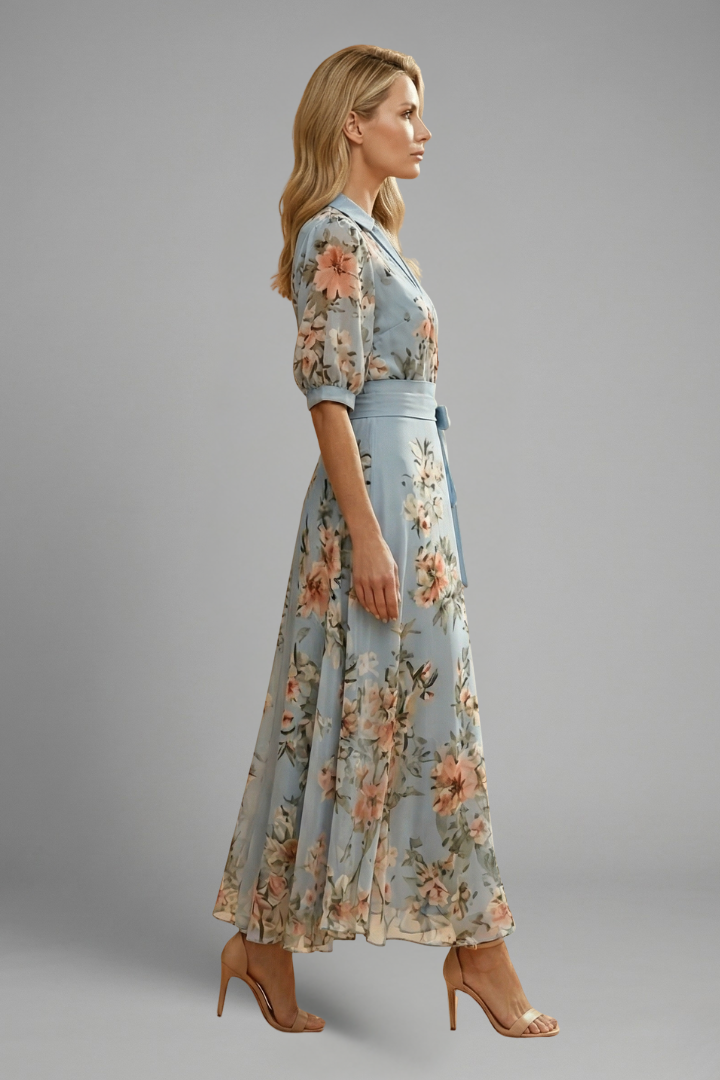Samara | Women's Midi Dress with V-Neck and Floral Pattern