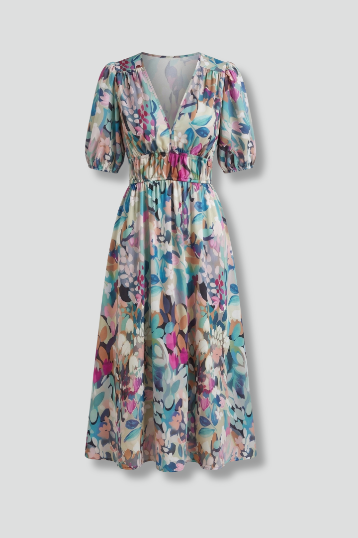 Radella | Women's Midi Dress with V-Neck and Short Sleeves