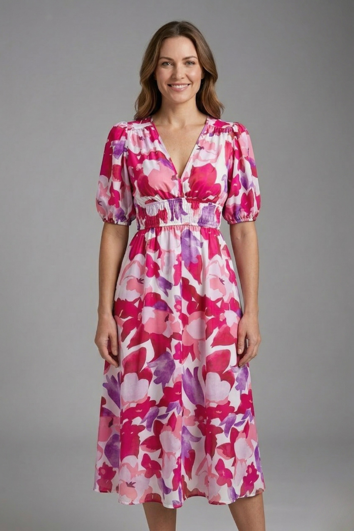 Radella | Women's Midi Dress with V-Neck and Short Sleeves