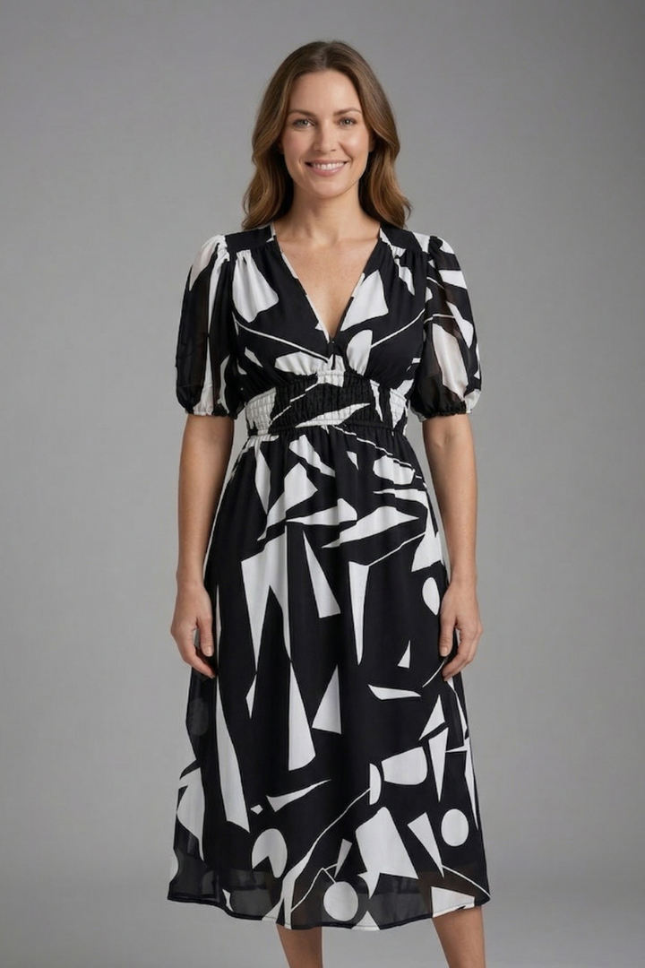 Radella | Women's Midi Dress with V-Neck and Short Sleeves