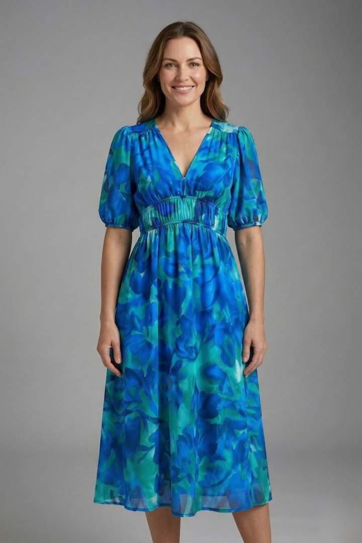 Radella | Women's Midi Dress with V-Neck and Short Sleeves