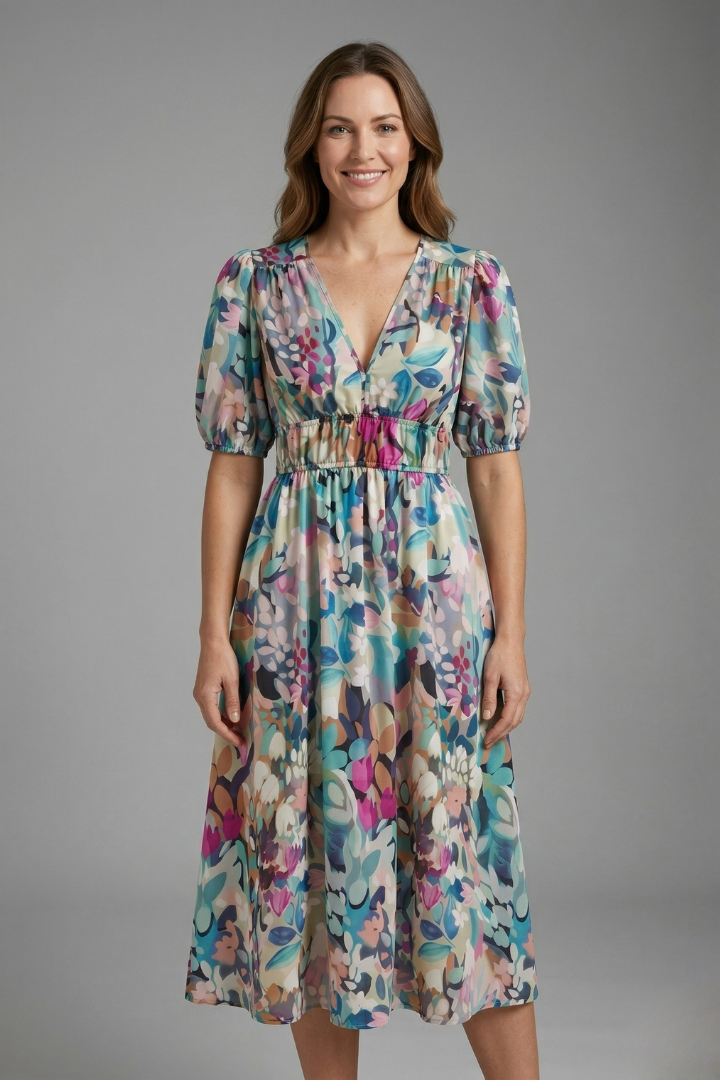 Radella | Women's Midi Dress with V-Neck and Short Sleeves