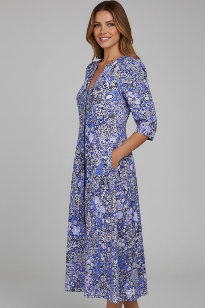 Ronia | Women's Midi Dress with V-Neck and Three-Quarter Sleeves