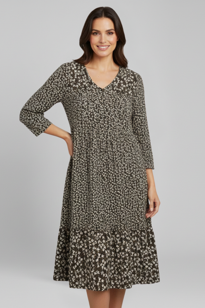 Patience | Women's Midi Dress with V-Neckline and Smocked Waist