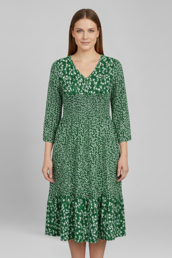 Patience | Women's Midi Dress with V-Neckline and Smocked Waist
