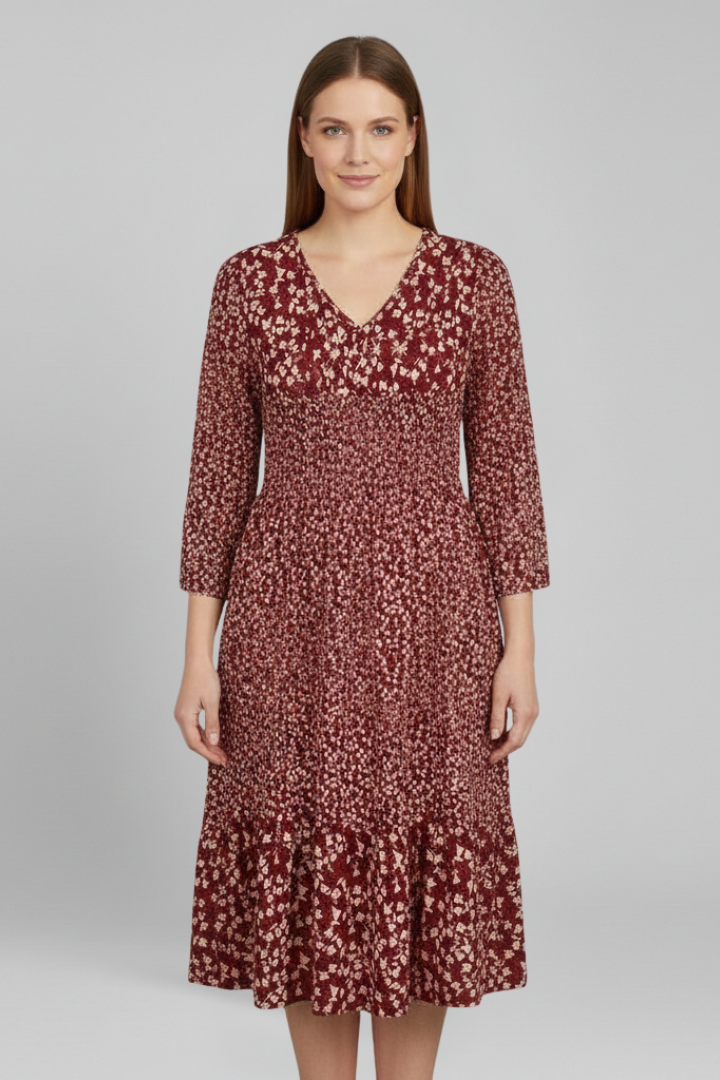 Patience | Women's Midi Dress with V-Neckline and Smocked Waist