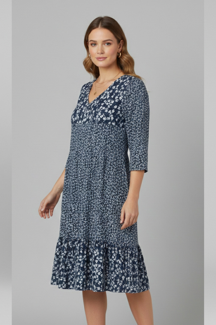Patience | Women's Midi Dress with V-Neckline and Smocked Waist