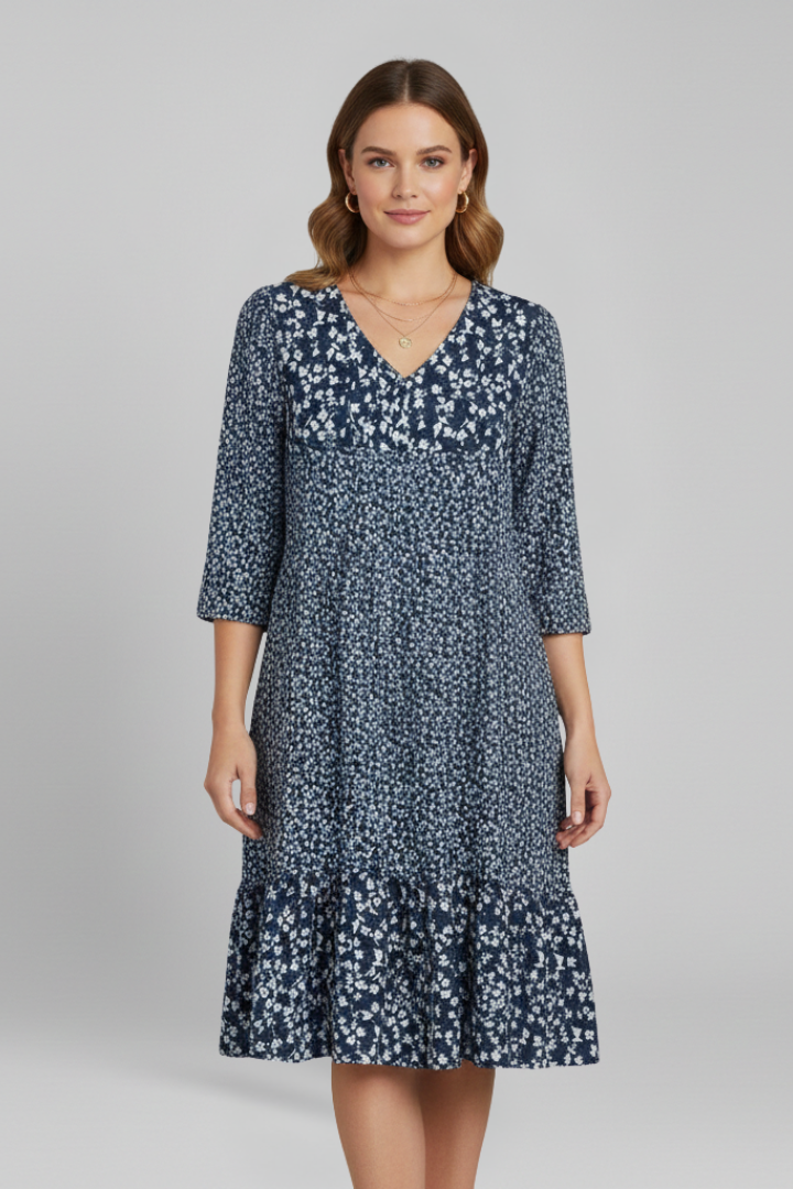 Patience | Women's Midi Dress with V-Neckline and Smocked Waist