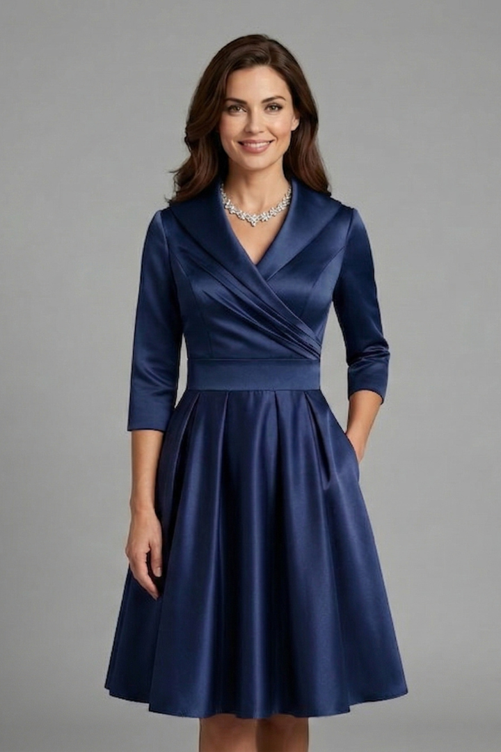 Stasia | Women's Midi Dress with V Neck and Pleated Waist
