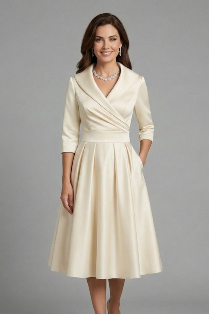 Stasia | Women's Midi Dress with V Neck and Pleated Waist