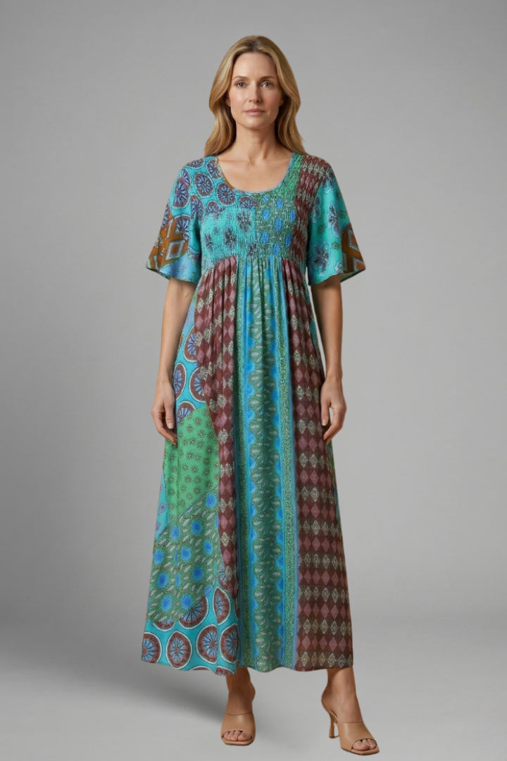 Regina | Women's Midi Dress with Paisley Pattern and Round Neckline