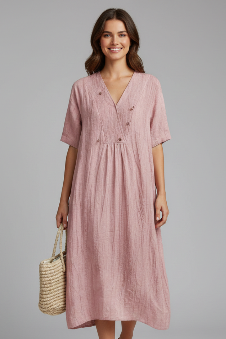 Ria | Women's Midi Dress with V Neck and Short Sleeves