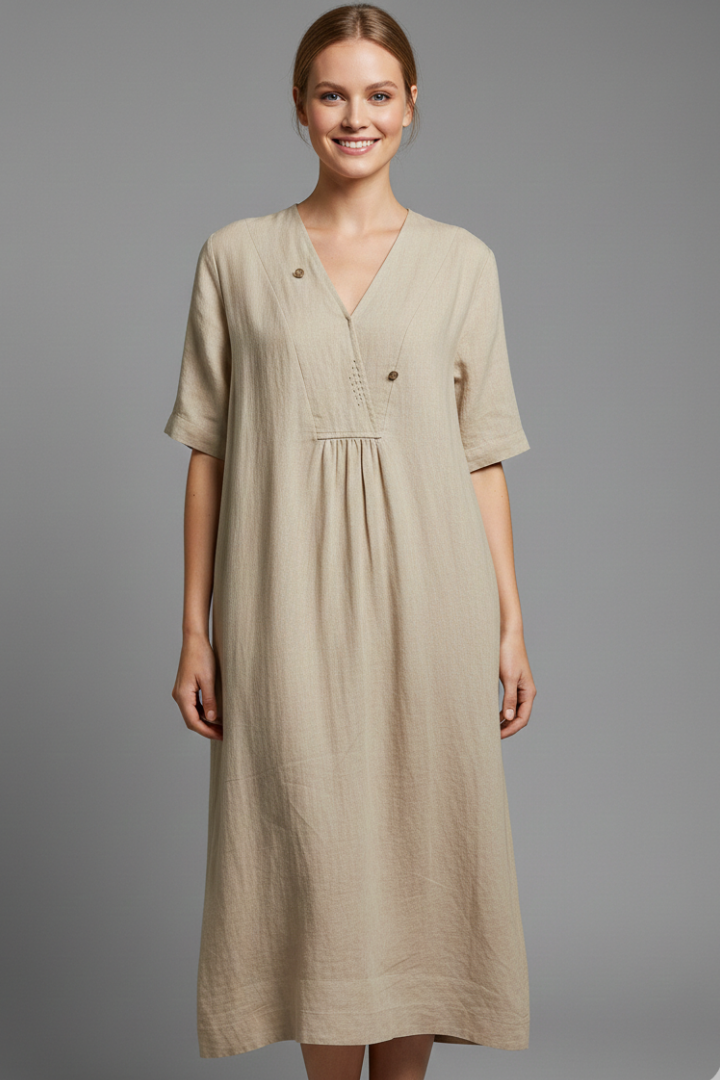 Ria | Women's Midi Dress with V Neck and Short Sleeves