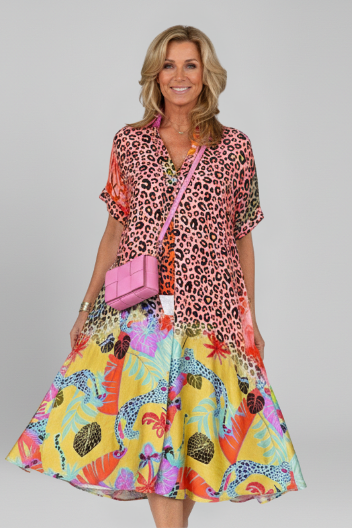 Pansy | Women's Midi Dress with V Neckline and Patterned Surface