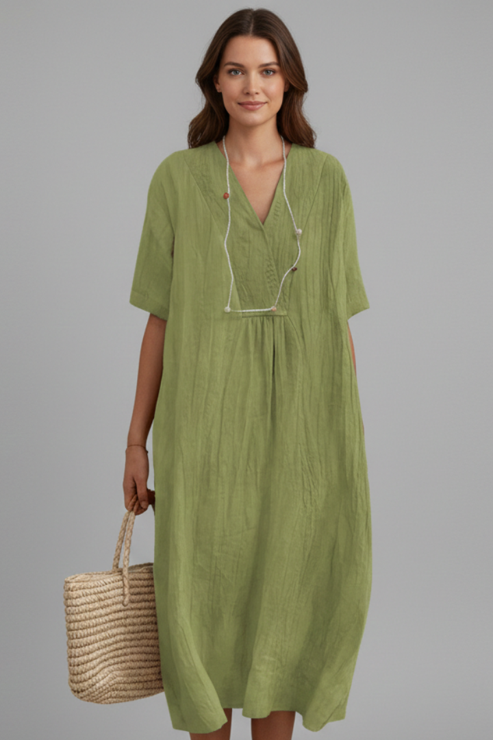 Ozara | Women's Midi Dress with V Neckline and Short Sleeves