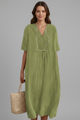 Ozara | Women's Midi Dress with V Neckline and Short Sleeves