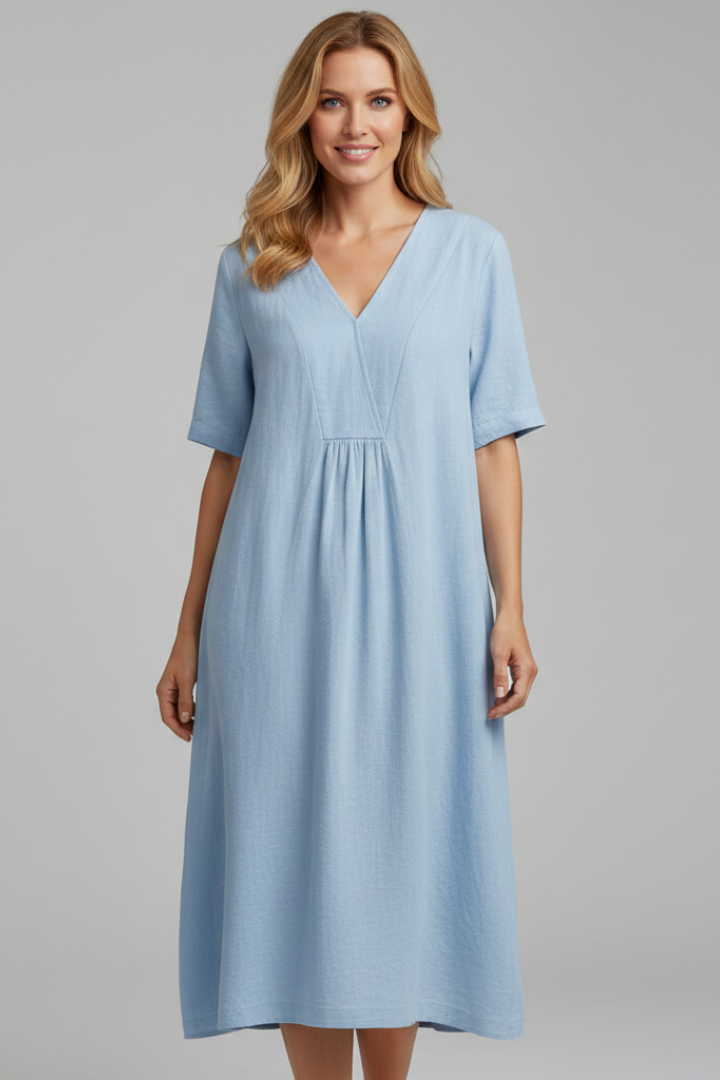 Ozara | Women's Midi Dress with V Neckline and Short Sleeves