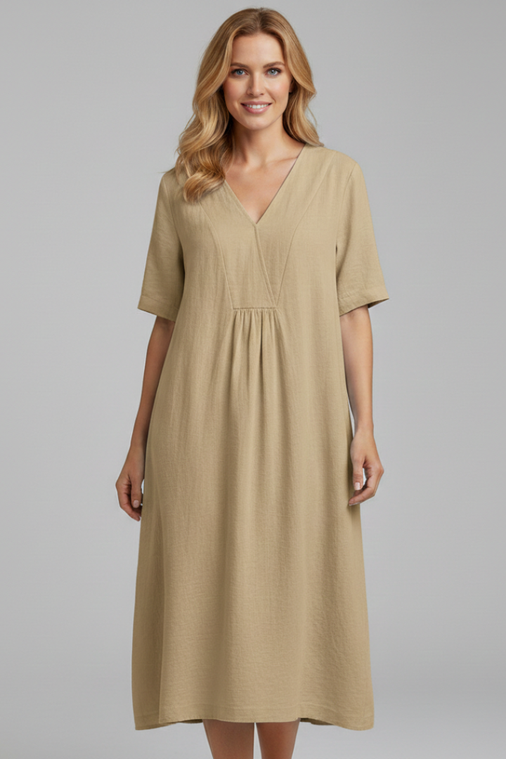 Ozara | Women's Midi Dress with V Neckline and Short Sleeves