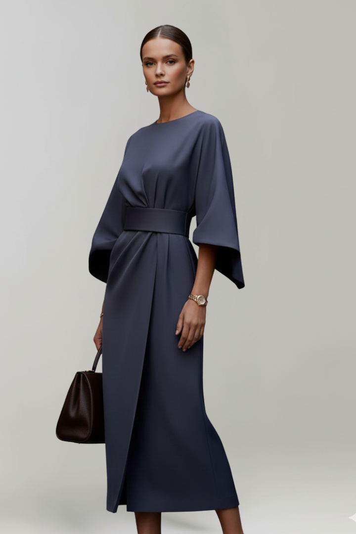 Rumer | Women's Midi Dress with Wide Sleeves and Belted Waist