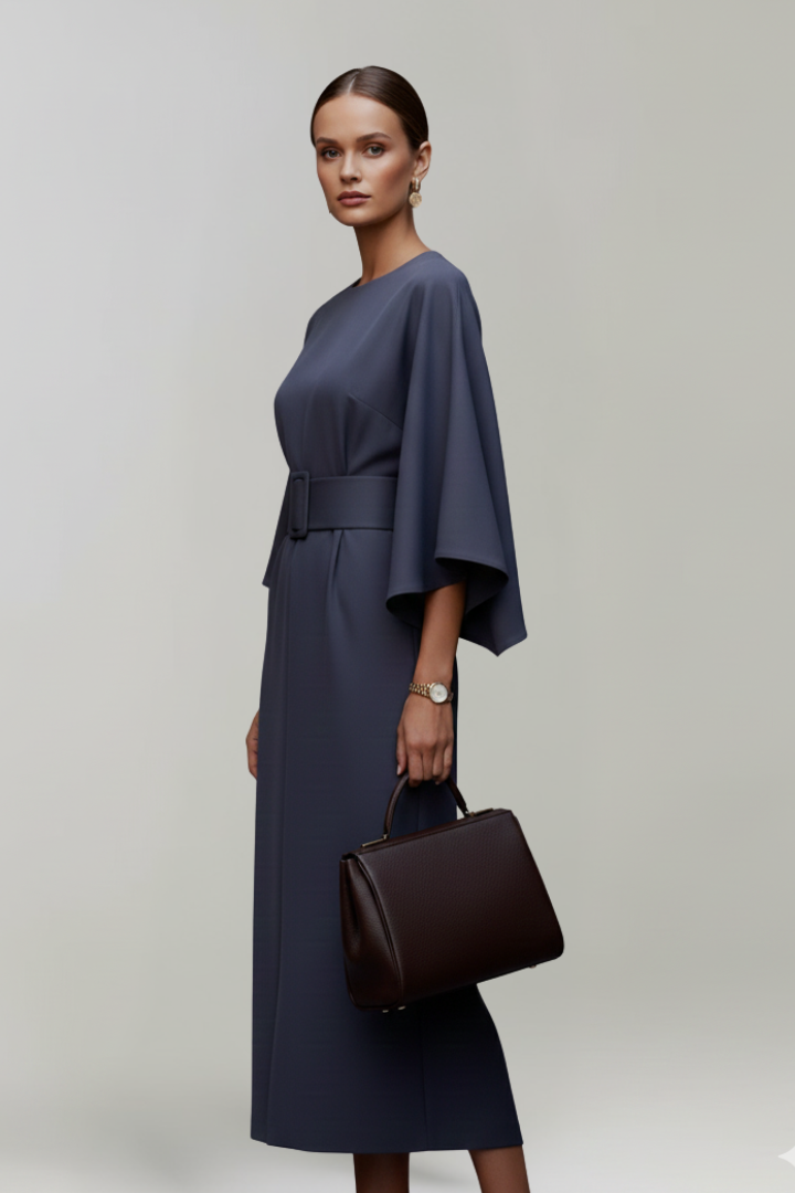Rumer | Women's Midi Dress with Wide Sleeves and Belted Waist