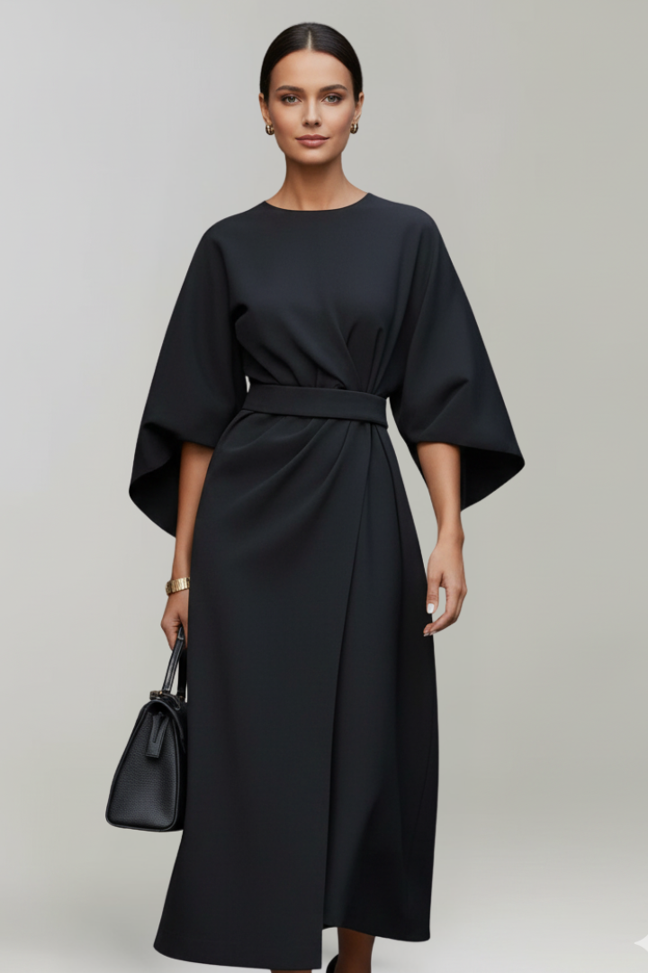 Rumer | Women's Midi Dress with Wide Sleeves and Belted Waist