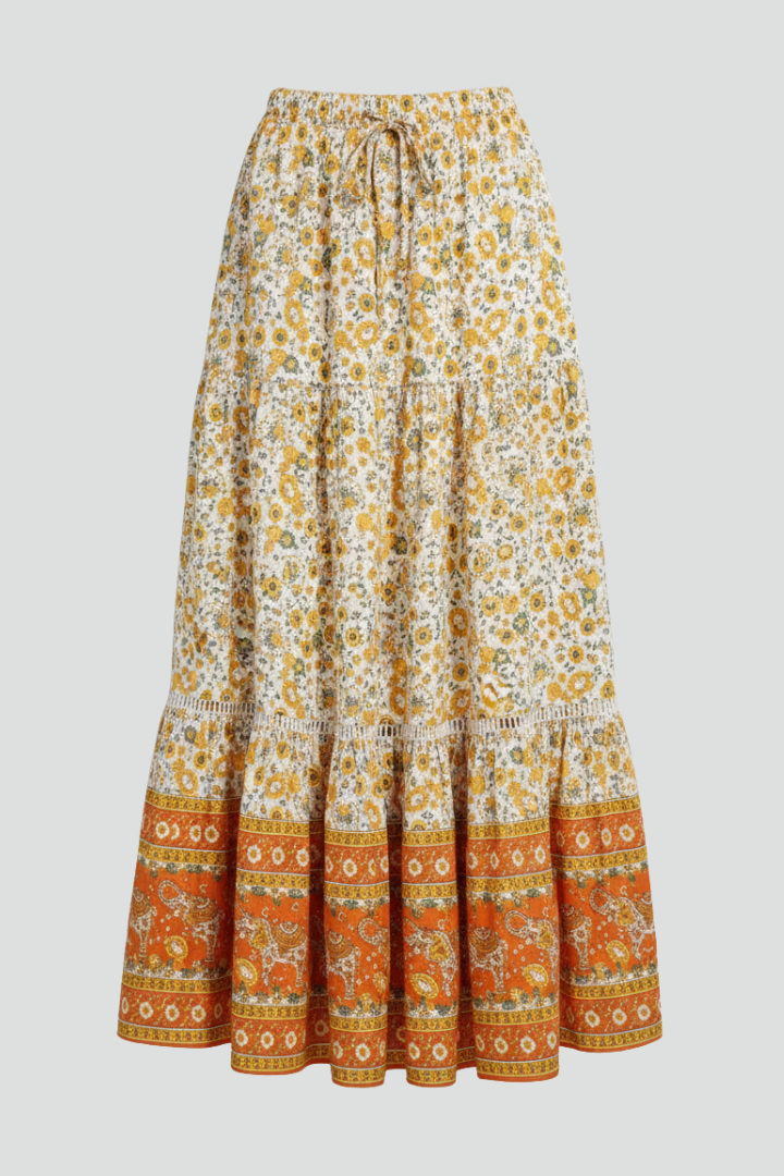 Geraldine | Women's Midi Skirt with Elastic Waist and Printed Border