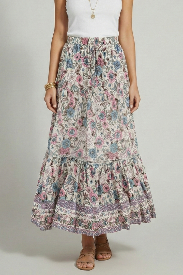 Geraldine | Women's Midi Skirt with Elastic Waist and Printed Border