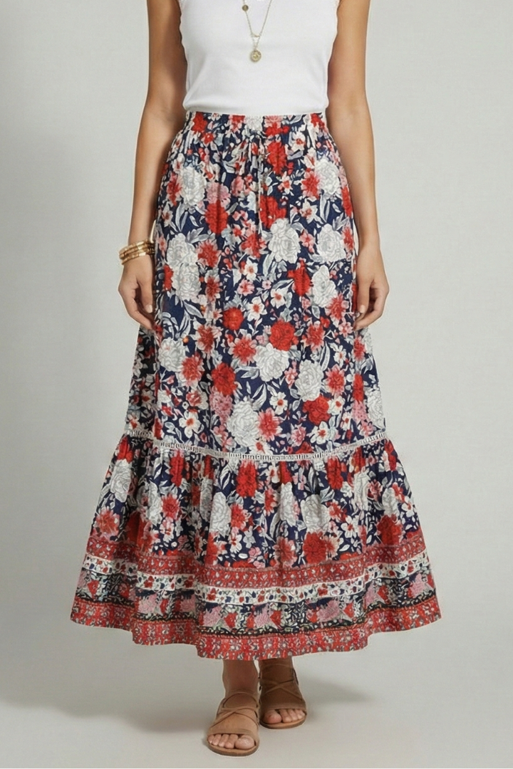 Geraldine | Women's Midi Skirt with Elastic Waist and Printed Border